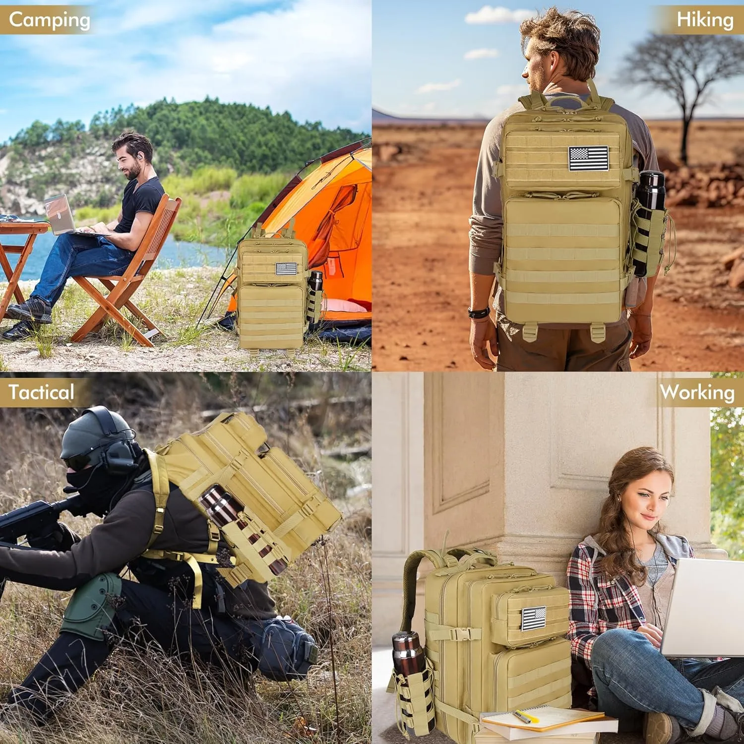 Khaki 45L Large Military Tactical Backpack for Men，Travel Hiking Backpack with Bottle Holder, Laptop Backpack for Work, Men's Assault Bag Back Pack for Outdoor Camping Hiking Fishing