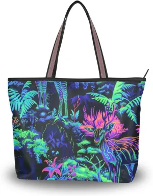 KLL silk fabric zippered tote bag summer chick bags for women handbag for shopping Jungle Animal Addax Bright Neon Green Mint Green size 15.7x11.4 in