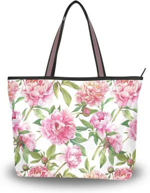 KLL silk fabric zippered travel tote bags summer chick tote handbags casual shoulder for shopping Peony Flowers size 15.7x11.4 in