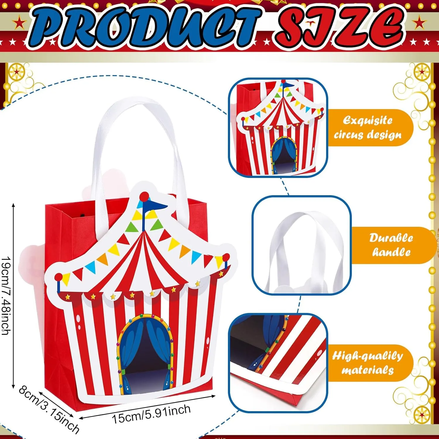 Kolldenn 24 Pcs Circus Party Favor Bags Carnival Gift Treat Bags Circus Theme Goodie Candy Totes with Handles for Carnival Themed Birthday Party Supplies