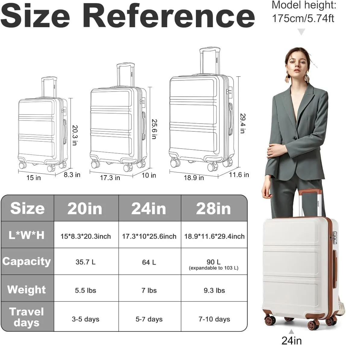 Kono 24 Inch Luggage Suitcase Lightweight with Spinner Wheels TSA Lock Hardside Medium Checked Luggage Durable Rolling Suitcase Cream White