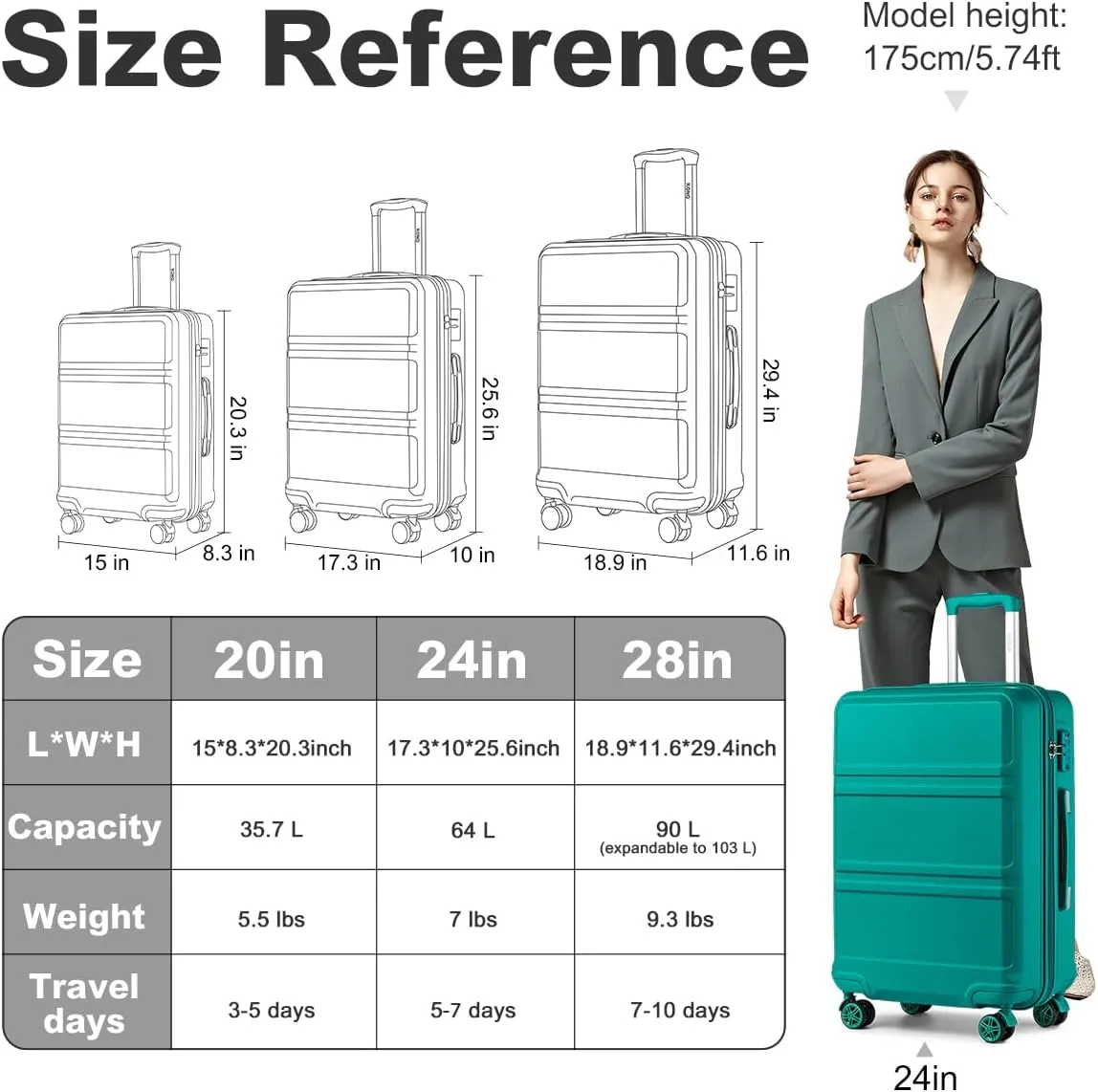 Kono 24 Inch Luggage Suitcase Lightweight with Spinner Wheels TSA Lock Hardside Medium Checked Luggage Durable Rolling Suitcase Turquoise