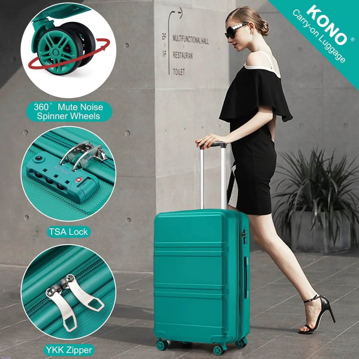 Kono 24 Inch Luggage Suitcase Lightweight with Spinner Wheels TSA Lock Hardside Medium Checked Luggage Durable Rolling Suitcase Turquoise