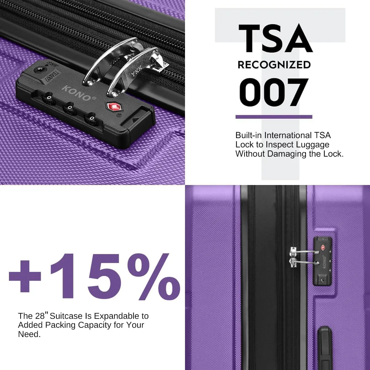 Kono 4 Piece Luggage Sets Expandable(only 28") Lightweight with Spinner Wheels TSA Lock Hardside Travel Rolling Suitcases 20in 24in 28in Carry on and 12in Mini Cosmetic Case Purple