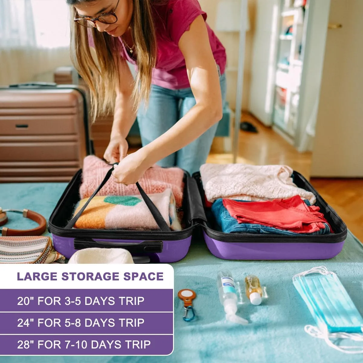 Kono 4 Piece Luggage Sets Expandable(only 28") Lightweight with Spinner Wheels TSA Lock Hardside Travel Rolling Suitcases 20in 24in 28in Carry on and 12in Mini Cosmetic Case Purple