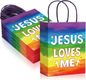 Kosiz 24 Pcs Jesus Loves Me Gift Bags Christian Cross Paper Goody Bags with Handles Religious Treat Gifts Wrapping for Sunday School VBS Church Jesus Loves Me Party Supplies Decorations
