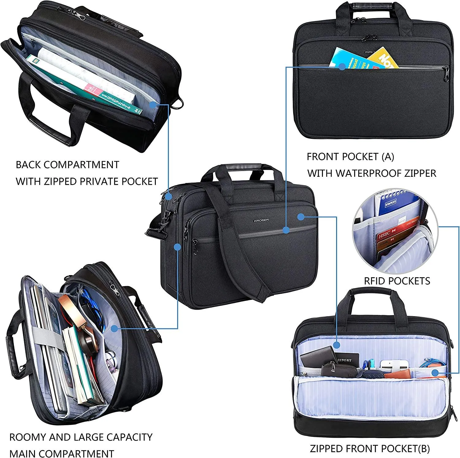 KROSER 18” Expandable Laptop Briefcase – Fits Up to 17.3” Laptops Water-Repellent Canvas Poly Laptop Bag with RFID Protection – Ideal for Business, Travel & School – Black