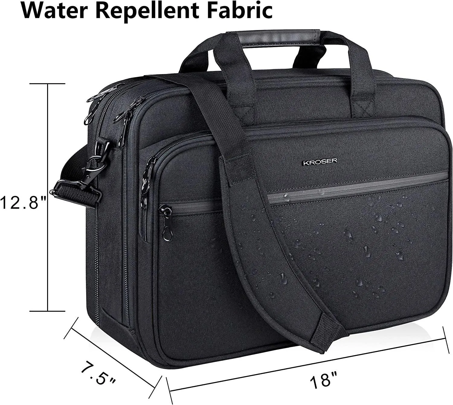 KROSER 18” Expandable Laptop Briefcase – Fits Up to 17.3” Laptops Water-Repellent Canvas Poly Laptop Bag with RFID Protection – Ideal for Business, Travel & School – Black