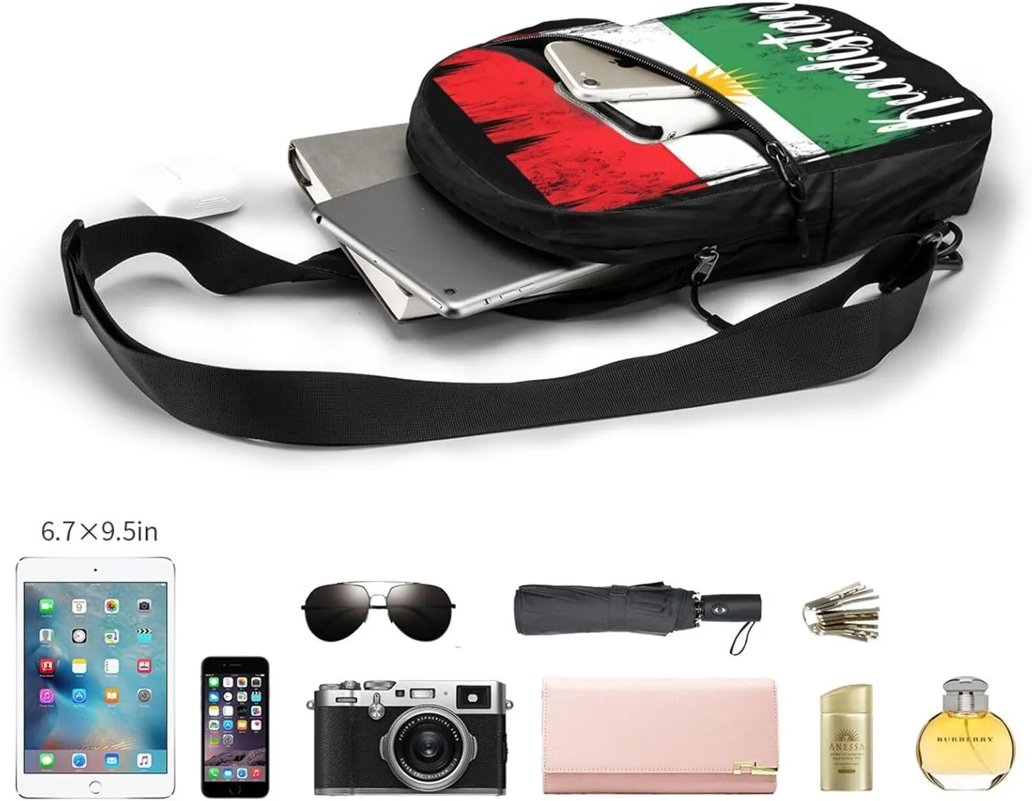 Kurdistan Kurdish Flag Packable Crossbody Bag Portable Sling Bags Foldable Travel Daypack Reusable Sports Shoulder Backpack Diagonally Chest Bag for Workout
