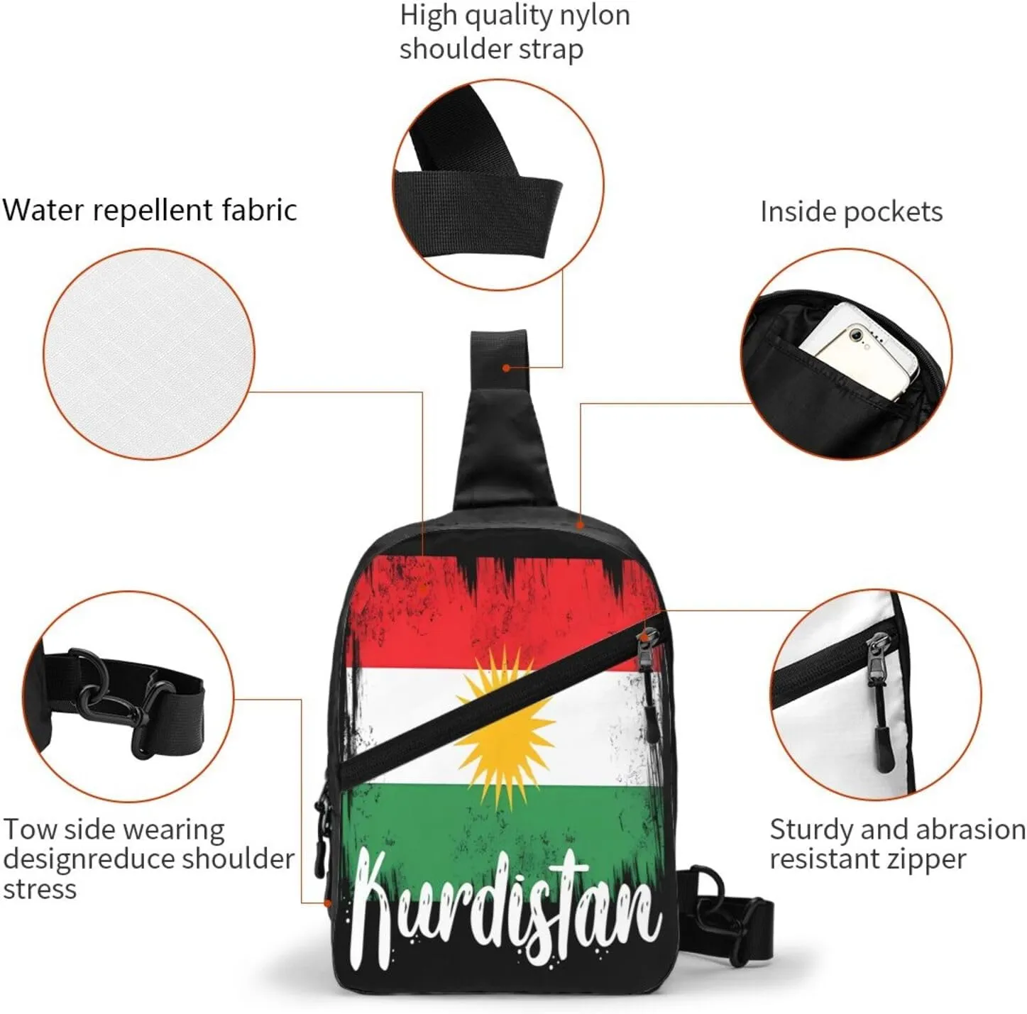 Kurdistan Kurdish Flag Packable Crossbody Bag Portable Sling Bags Foldable Travel Daypack Reusable Sports Shoulder Backpack Diagonally Chest Bag for Workout