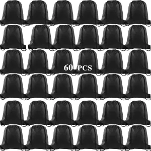 KUUQA 60Pcs Black Drawstring Backpack Bag Sack Drawstring Bags Bulk String Bags Storage Bags for Sport Gym Traveling
