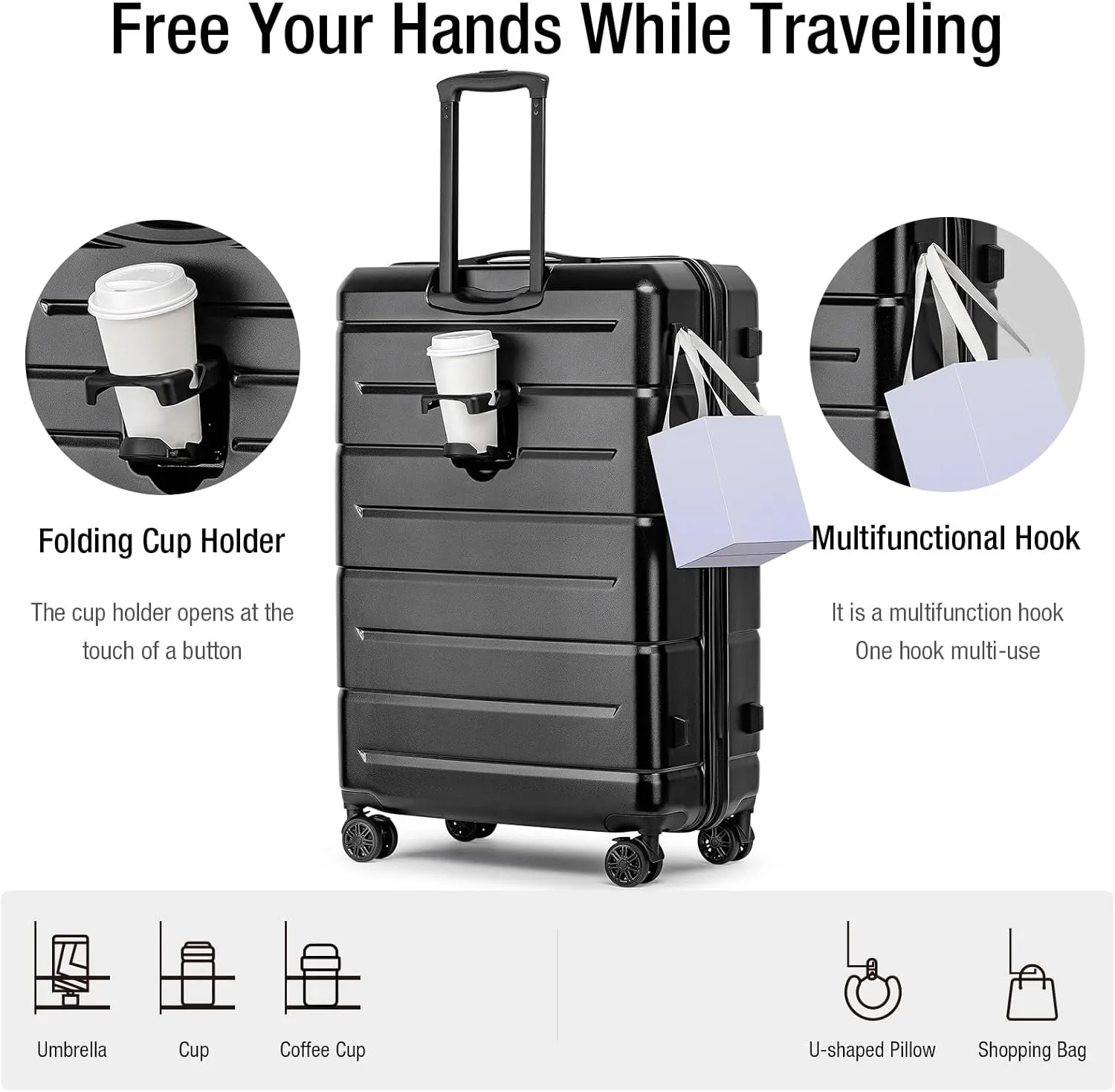 KYME 30 Inch Luggage TSA Approved Hardside Suitcases with Spinner Wheels Durable Large Travel Checked Rolling Luggage with Cup Holder for Women Men Black
