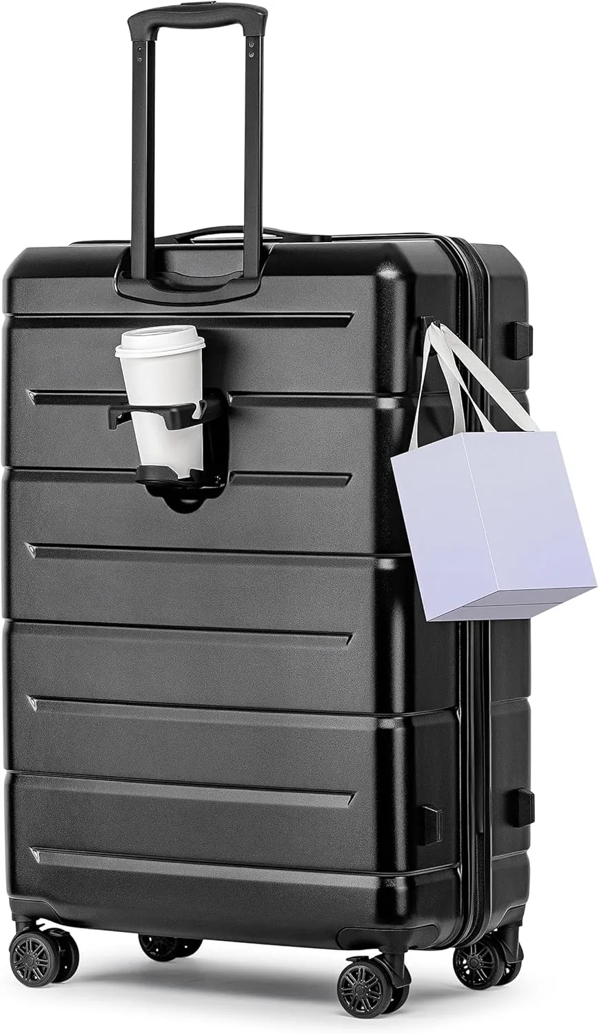 KYME 30 Inch Luggage TSA Approved Hardside Suitcases with Spinner Wheels Durable Large Travel Checked Rolling Luggage with Cup Holder for Women Men Black