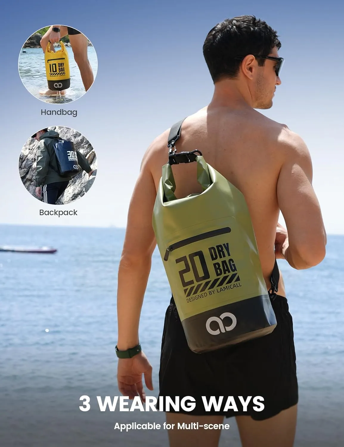 Lamicall Dry Bag Waterproof Backpack - [Zippered Pocket] 10L/20L Roll Top Waterproof Bag with Water proof Phone Case, Floatable Drybag for Swimming, Boating, Kayaking, Camping, Beach