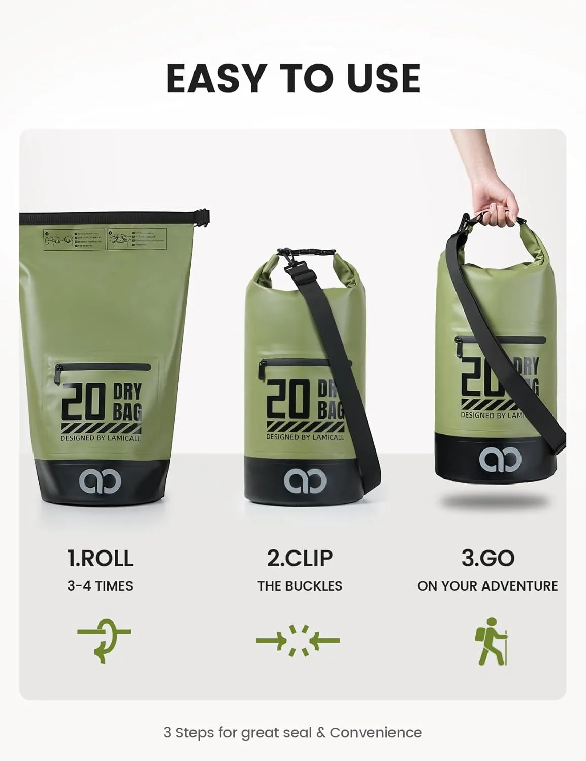 Lamicall Dry Bag Waterproof Backpack - [Zippered Pocket] 10L/20L Roll Top Waterproof Bag with Water proof Phone Case, Floatable Drybag for Swimming, Boating, Kayaking, Camping, Beach