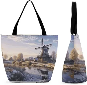 Landscape with A Traditional Windmill Tote Bag Reusable Grocery Tote Bag Casual Travel Shoulder Bag Shopping Handbags for Women