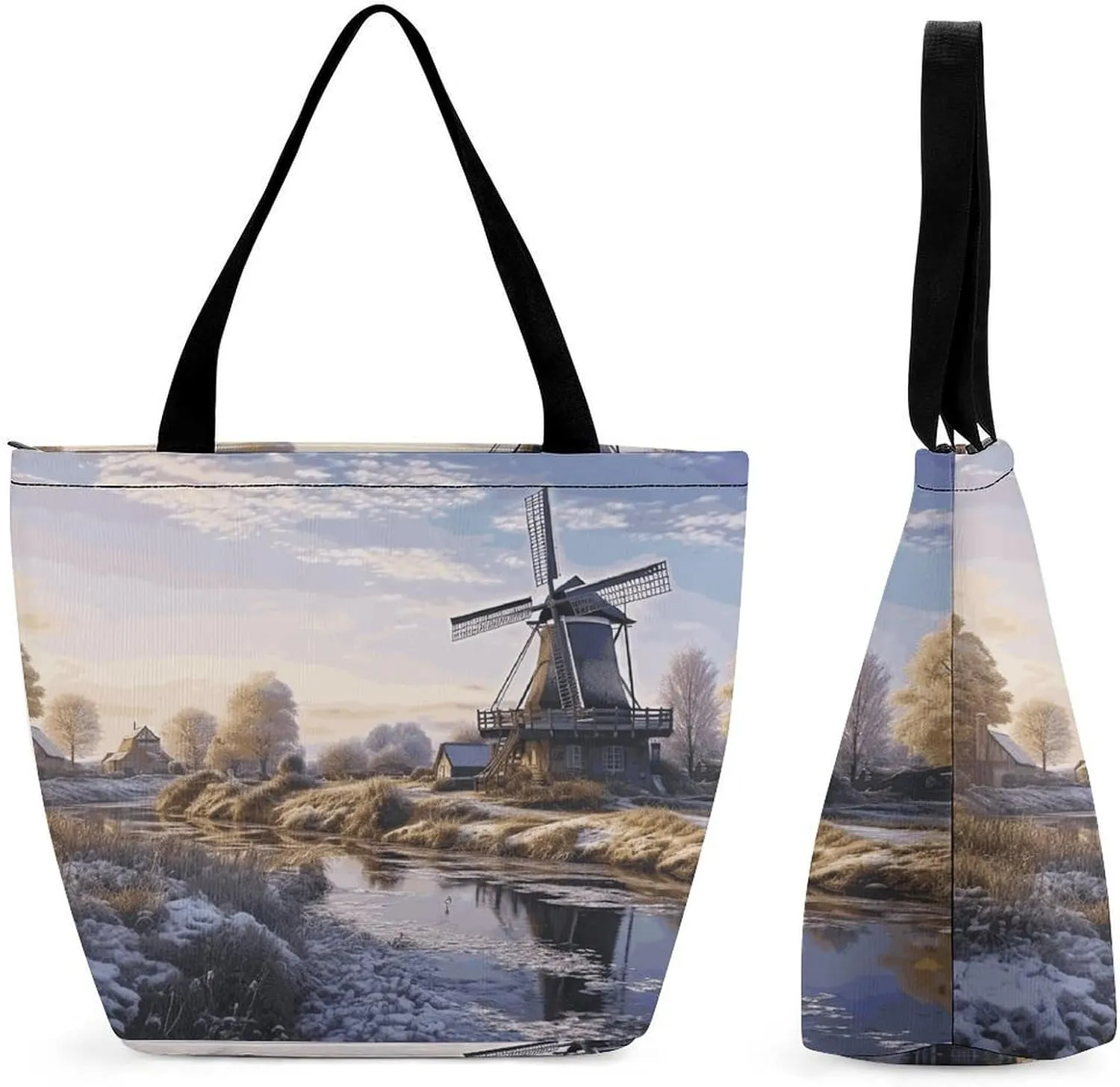 Landscape with A Traditional Windmill Tote Bag Reusable Grocery Tote Bag Casual Travel Shoulder Bag Shopping Handbags for Women