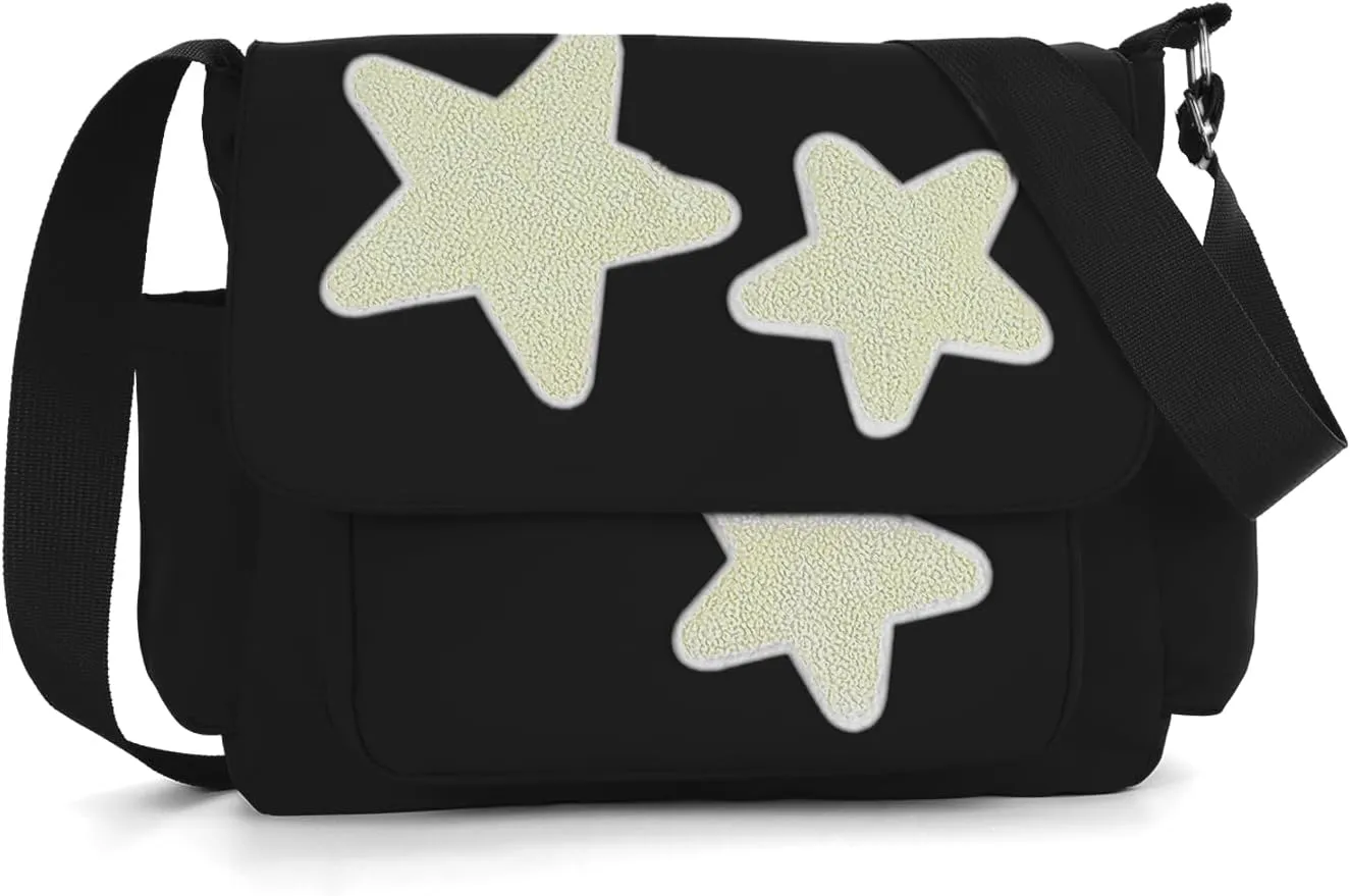 Lanpet Aesthetic Messenger Bag, Y2K Star Canvas Shoulder Bag,Cute Tote Bags,Nylon Casual Crossbody Bags for Women,Black