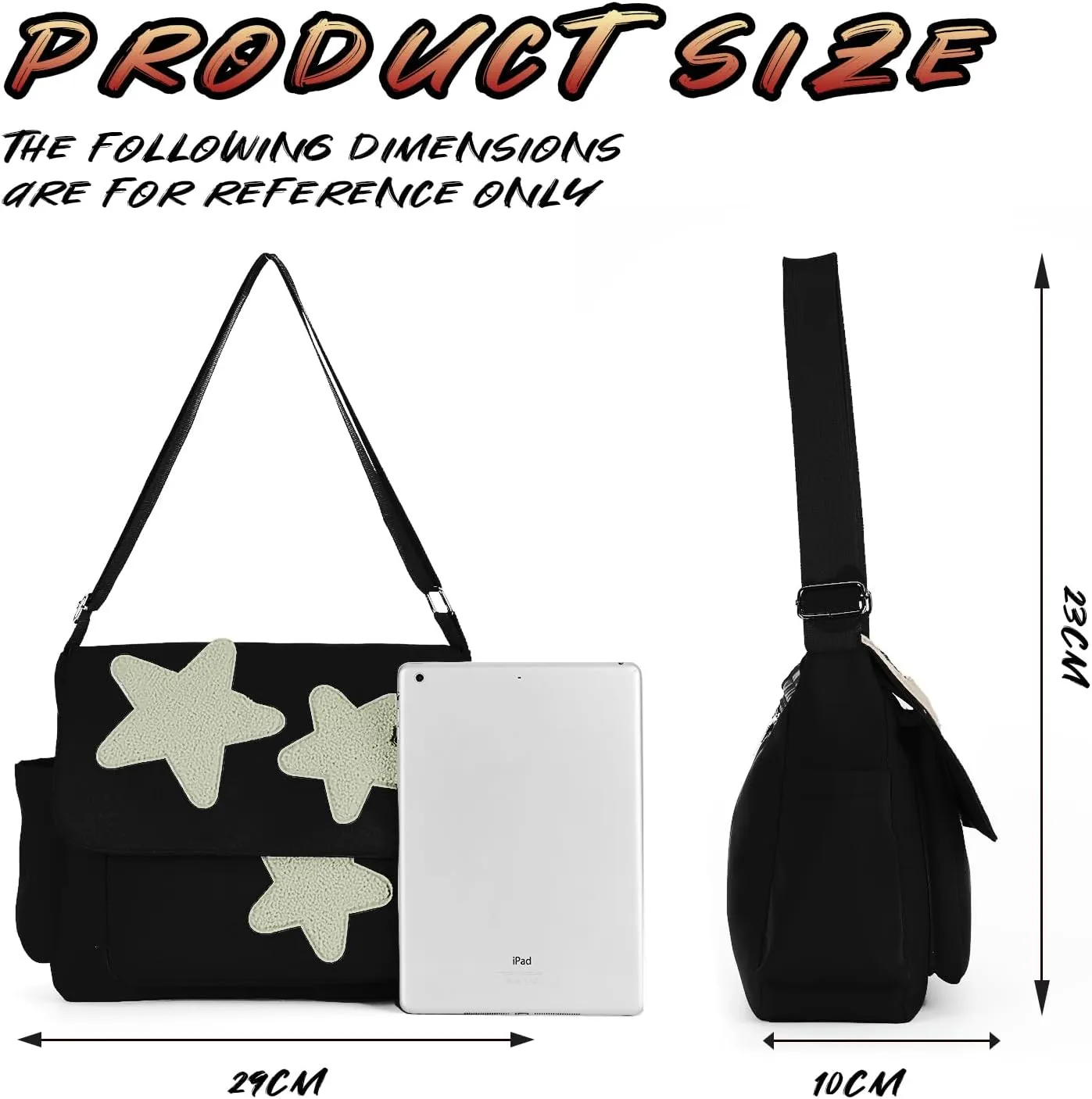 Lanpet Aesthetic Messenger Bag, Y2K Star Canvas Shoulder Bag,Cute Tote Bags,Nylon Casual Crossbody Bags for Women,Black