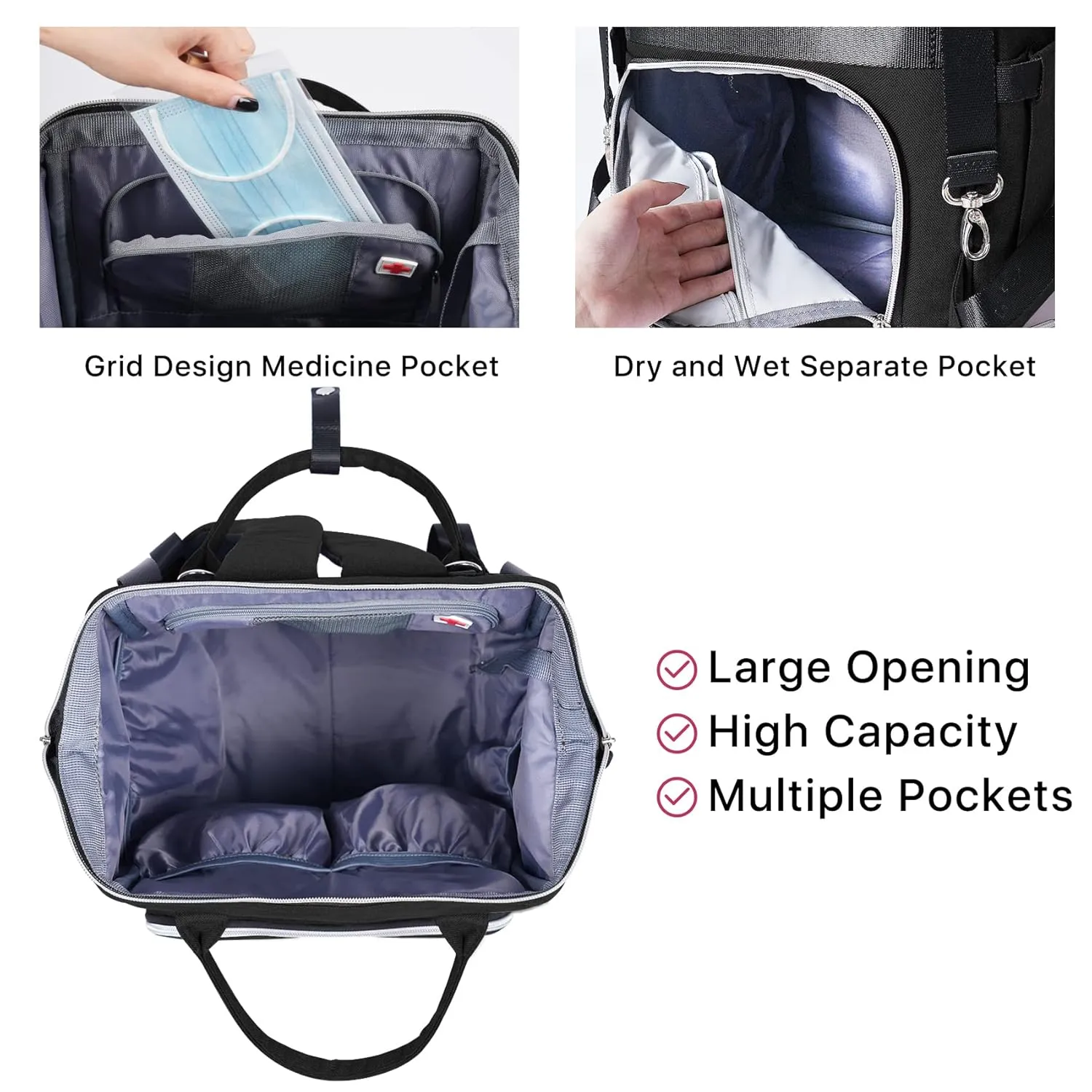 Large Baby Diaper Bag Unisex Nappy Backpack with Changing Mat,Stroller Hooks for Baby Boys Girls Moms Dads,Black