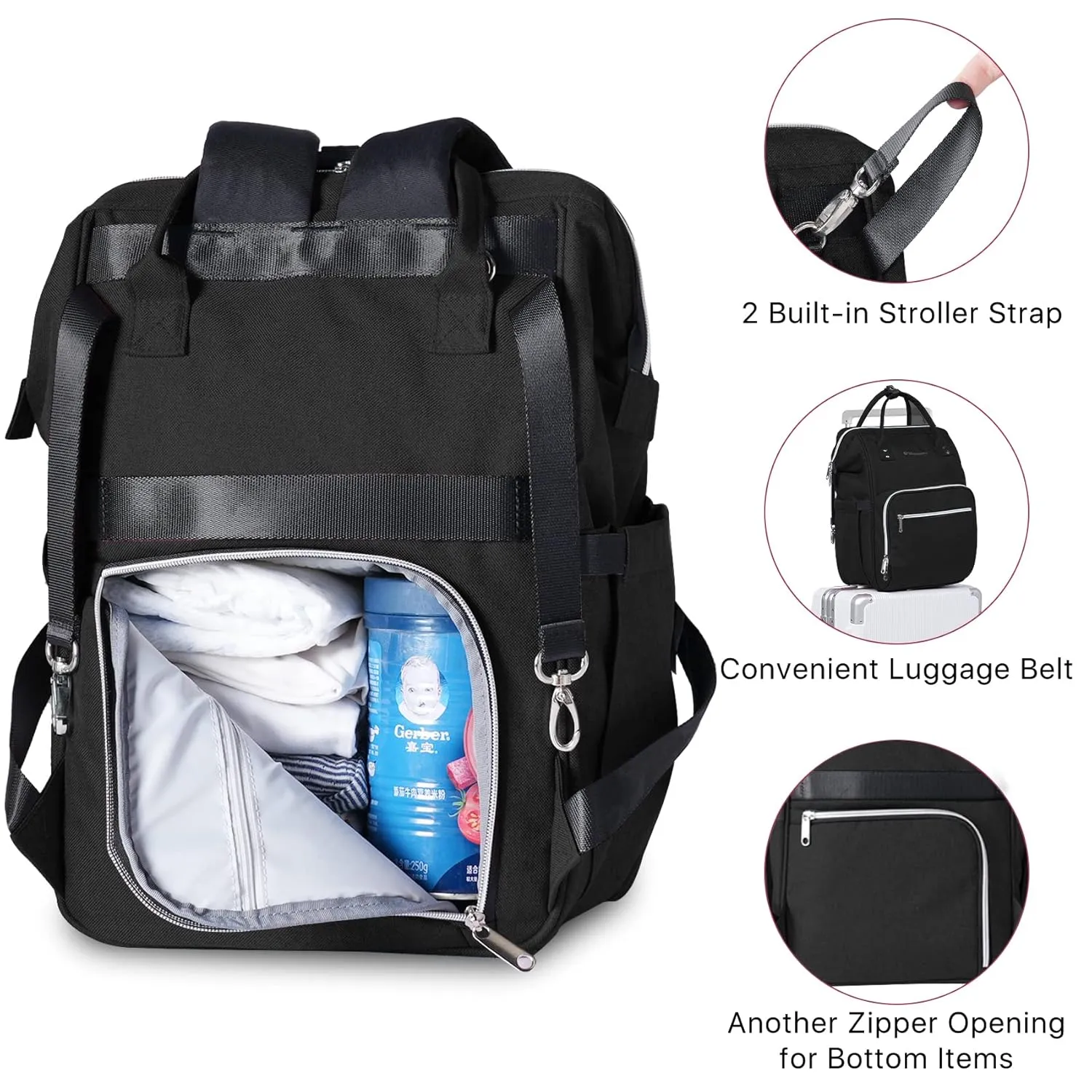 Large Baby Diaper Bag Unisex Nappy Backpack with Changing Mat,Stroller Hooks for Baby Boys Girls Moms Dads,Black