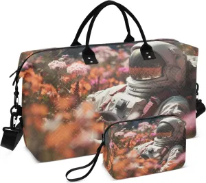 Large Travel Duffel Bag Sports Tote Gym Bag Overnight Weekender Bags Astronaut in The Flowers Carry On Luggage with Toiletry Bags