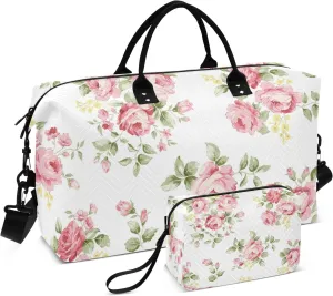 Large Travel Duffel Bag Sports Tote Gym Bag Overnight Weekender Bags Pink Rose Flower Floral White Carry On Luggage with Toiletry Bags
