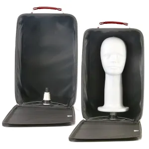 Large Wig Travel Box with Top Handle, Shoulder Strap & Double Zipper, Carrying Case with Removable Head-Holding Base - Gray & Maroon