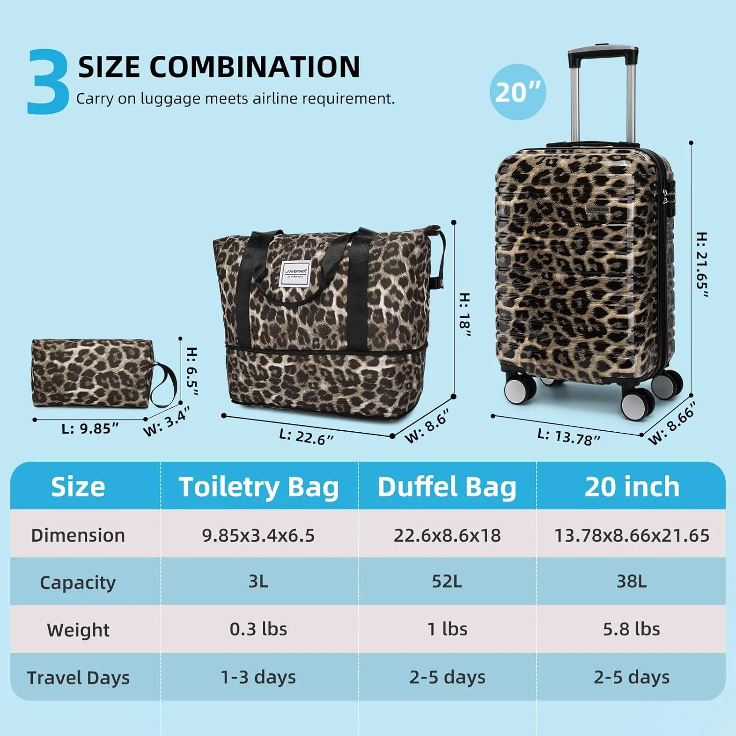 LARVENDER Luggage Sets 3 Piece, Hardside 20 IN Carry on Luggage Airline Approved PC ABS Suitcase Set with Spinner Wheels TSA Lock, Lightweight Rolling Suitcase for Men and Women, Cheetah Print