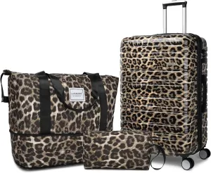 LARVENDER Luggage Sets 3 Piece, Hardside 20 IN Carry on Luggage Airline Approved PC ABS Suitcase Set with Spinner Wheels TSA Lock, Lightweight Rolling Suitcase for Men and Women, Cheetah Print