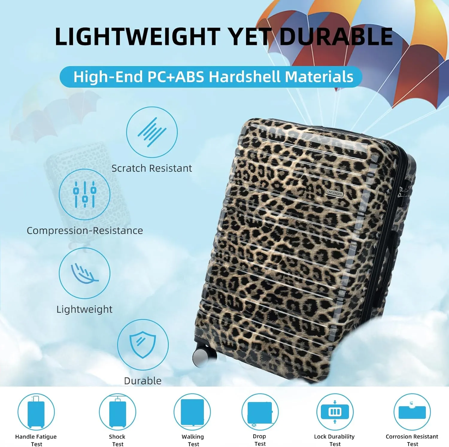 LARVENDER Luggage Sets 3 Piece, Hardside 20 IN Carry on Luggage Airline Approved PC ABS Suitcase Set with Spinner Wheels TSA Lock, Lightweight Rolling Suitcase for Men and Women, Cheetah Print