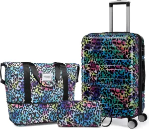 LARVENDER Luggage Sets 3 Piece, Hardside 20 IN Carry on Luggage Airline Approved PC ABS Suitcase Set with Spinner Wheels TSA Lock, Lightweight Rolling Suitcase for Men and Women, Leopard Multicolor