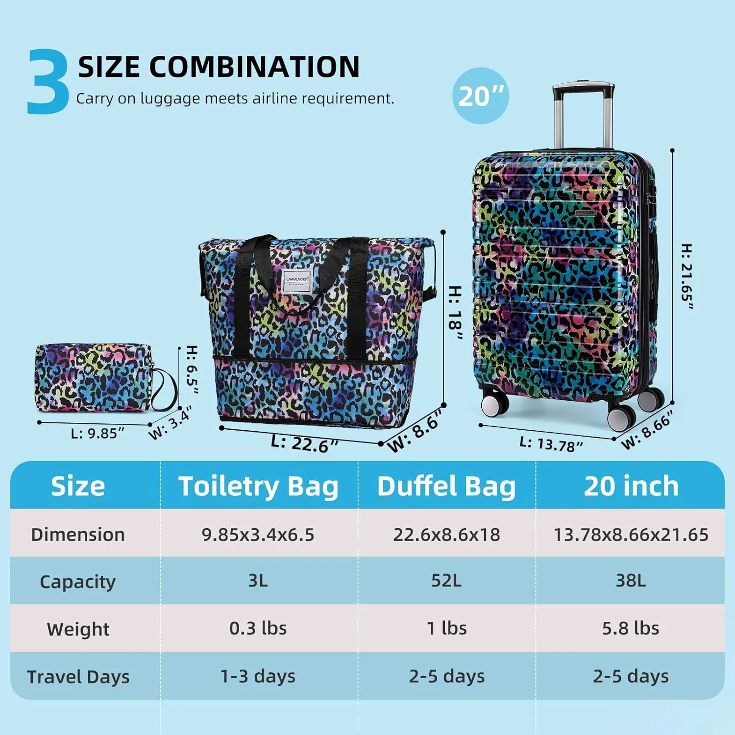 LARVENDER Luggage Sets 3 Piece, Hardside 20 IN Carry on Luggage Airline Approved PC ABS Suitcase Set with Spinner Wheels TSA Lock, Lightweight Rolling Suitcase for Men and Women, Leopard Multicolor