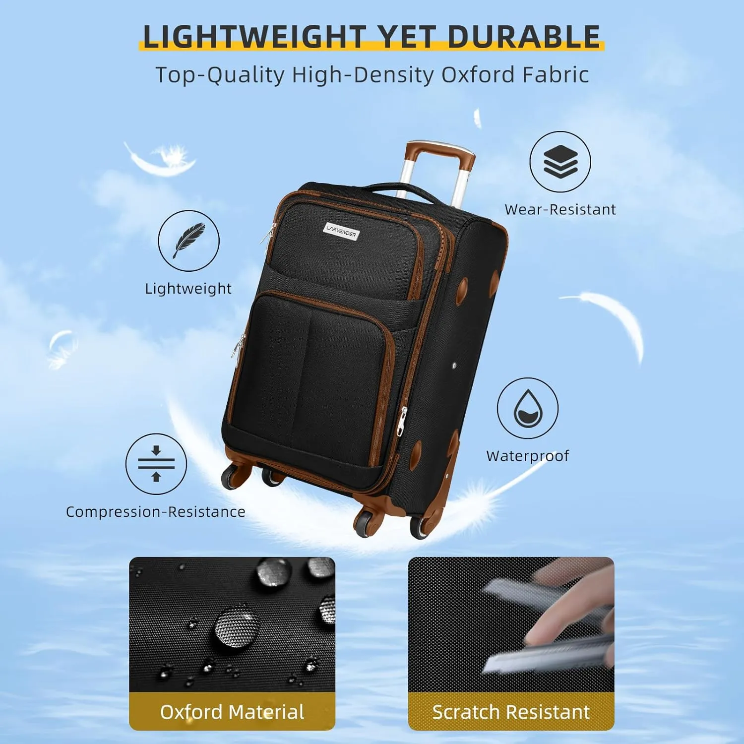 LARVENDER Luggage Sets 5 Piece Softside Expandable Suitcases Set with Spinner Wheels TSA Lock, Lightweight Soft Shell Rolling Travel Luggage Set Clearance for Men and Women, Black Brown