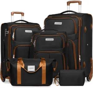LARVENDER Luggage Sets 5 Piece Softside Expandable Suitcases Set with Spinner Wheels TSA Lock, Lightweight Soft Shell Rolling Travel Luggage Set Clearance for Men and Women, Black Brown