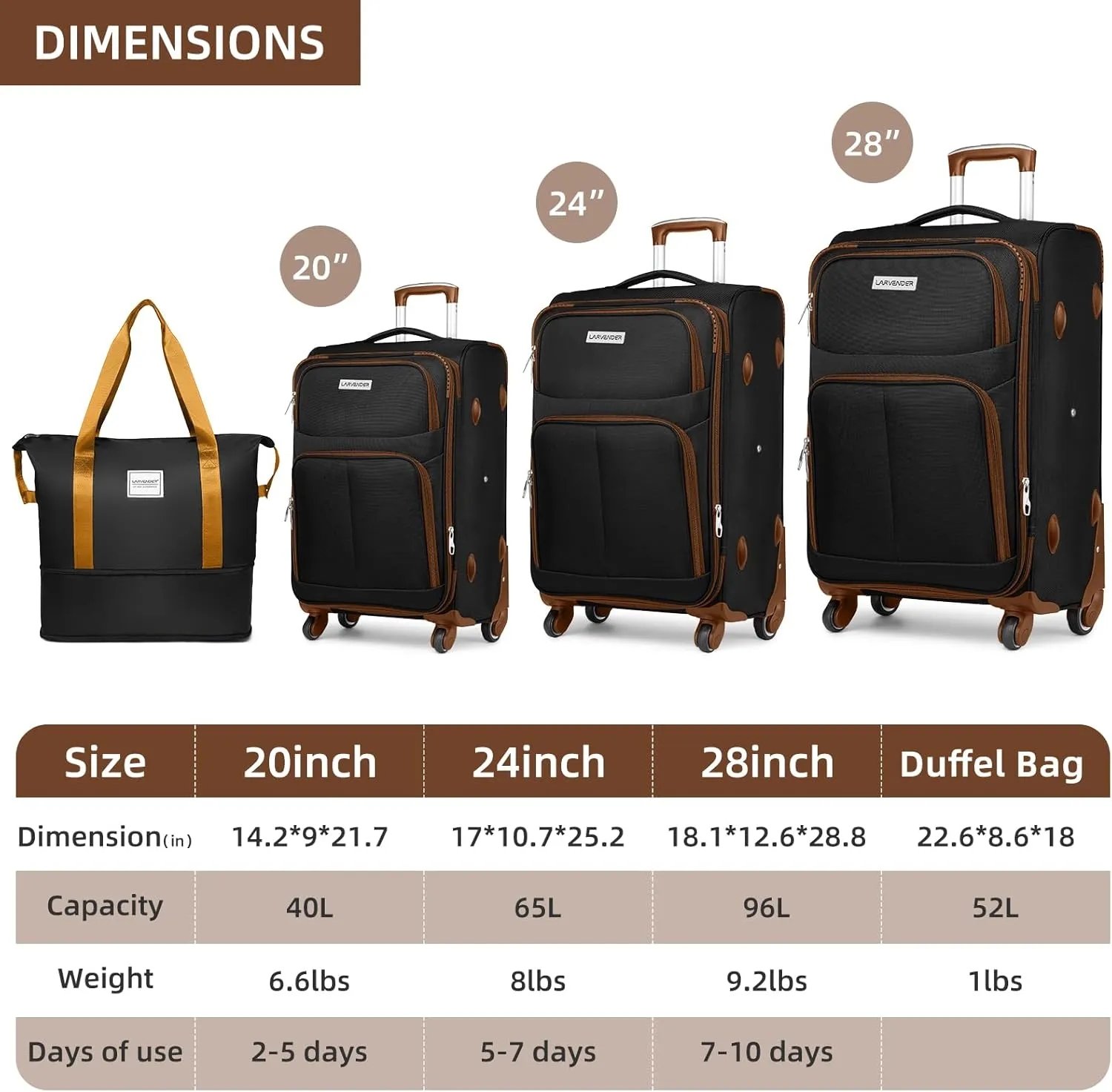 LARVENDER Luggage Sets 5 Piece Softside Expandable Suitcases Set with Spinner Wheels TSA Lock, Lightweight Soft Shell Rolling Travel Luggage Set Clearance for Men and Women, Black Brown