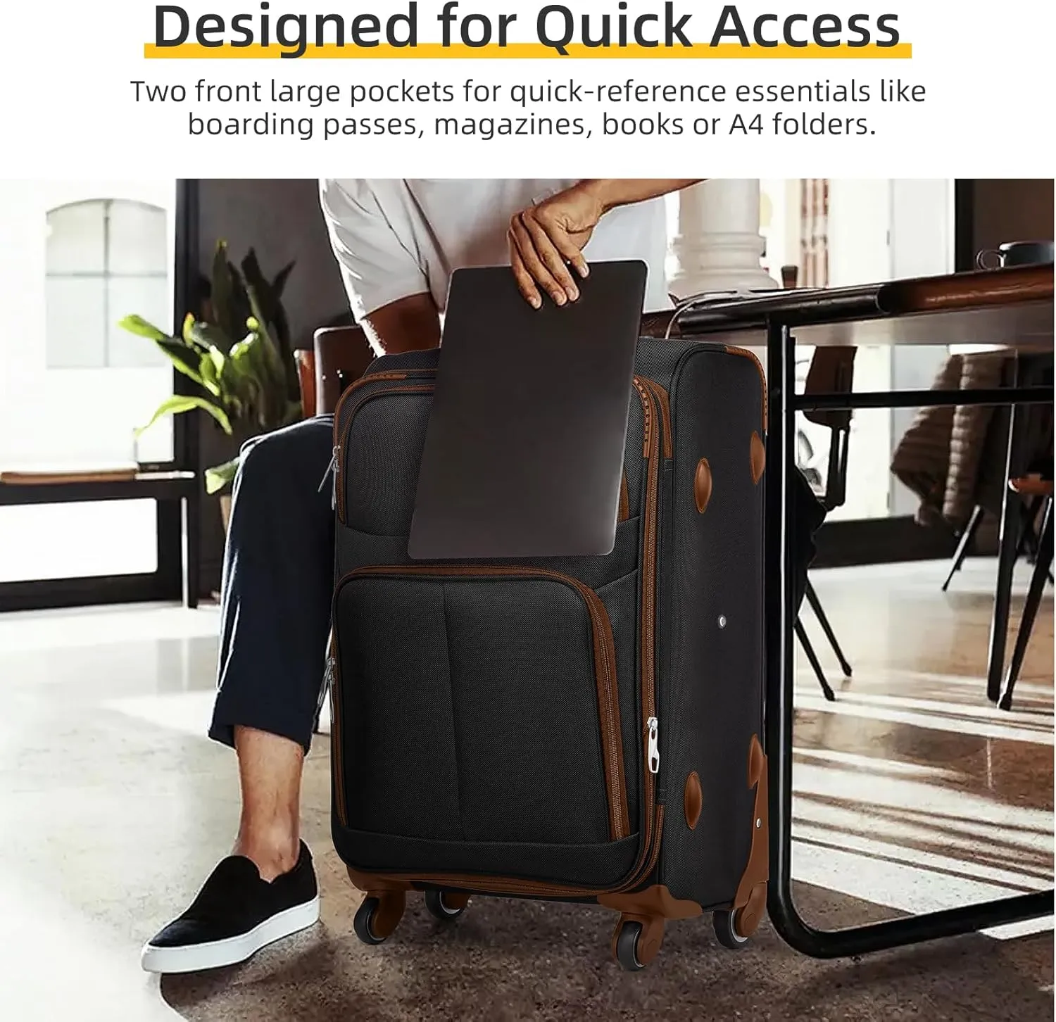 LARVENDER Luggage Sets 5 Piece Softside Expandable Suitcases Set with Spinner Wheels TSA Lock, Lightweight Soft Shell Rolling Travel Luggage Set Clearance for Men and Women, Black Brown