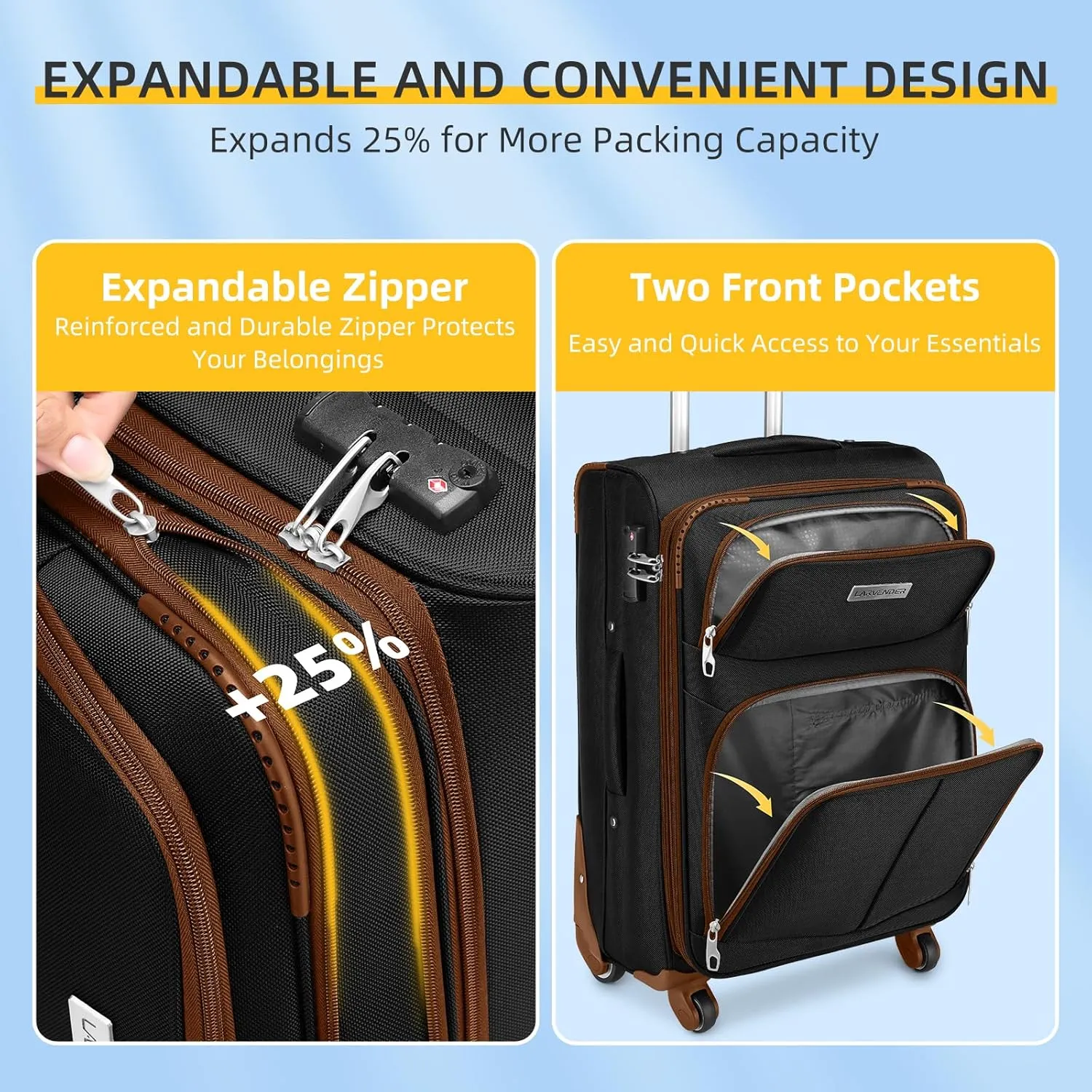 LARVENDER Luggage Sets 5 Piece Softside Expandable Suitcases Set with Spinner Wheels TSA Lock, Lightweight Soft Shell Rolling Travel Luggage Set Clearance for Men and Women, Black Brown