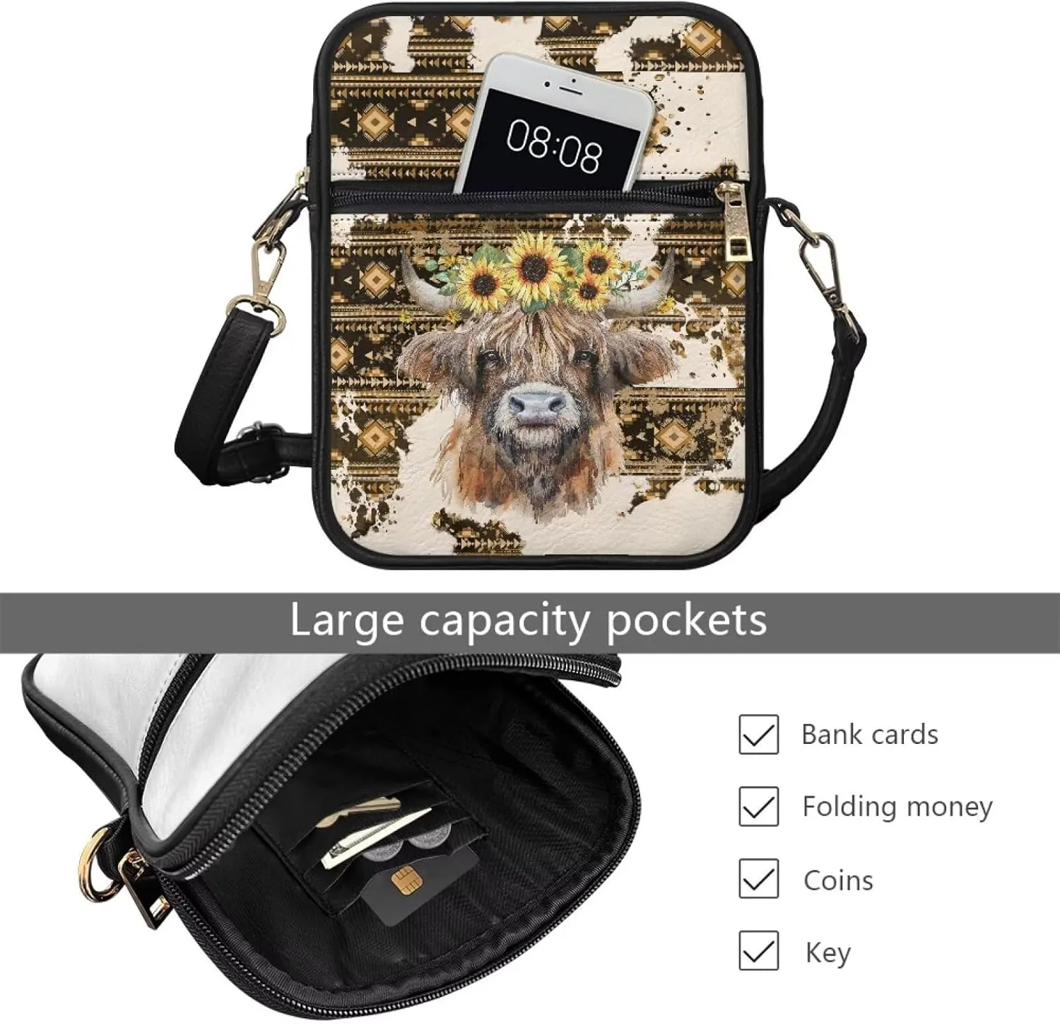 Leather Crossbody Bag for Women Men Small Cell Phone Bag Casual Body Cross Purse with Zipper Closure for Outdoor