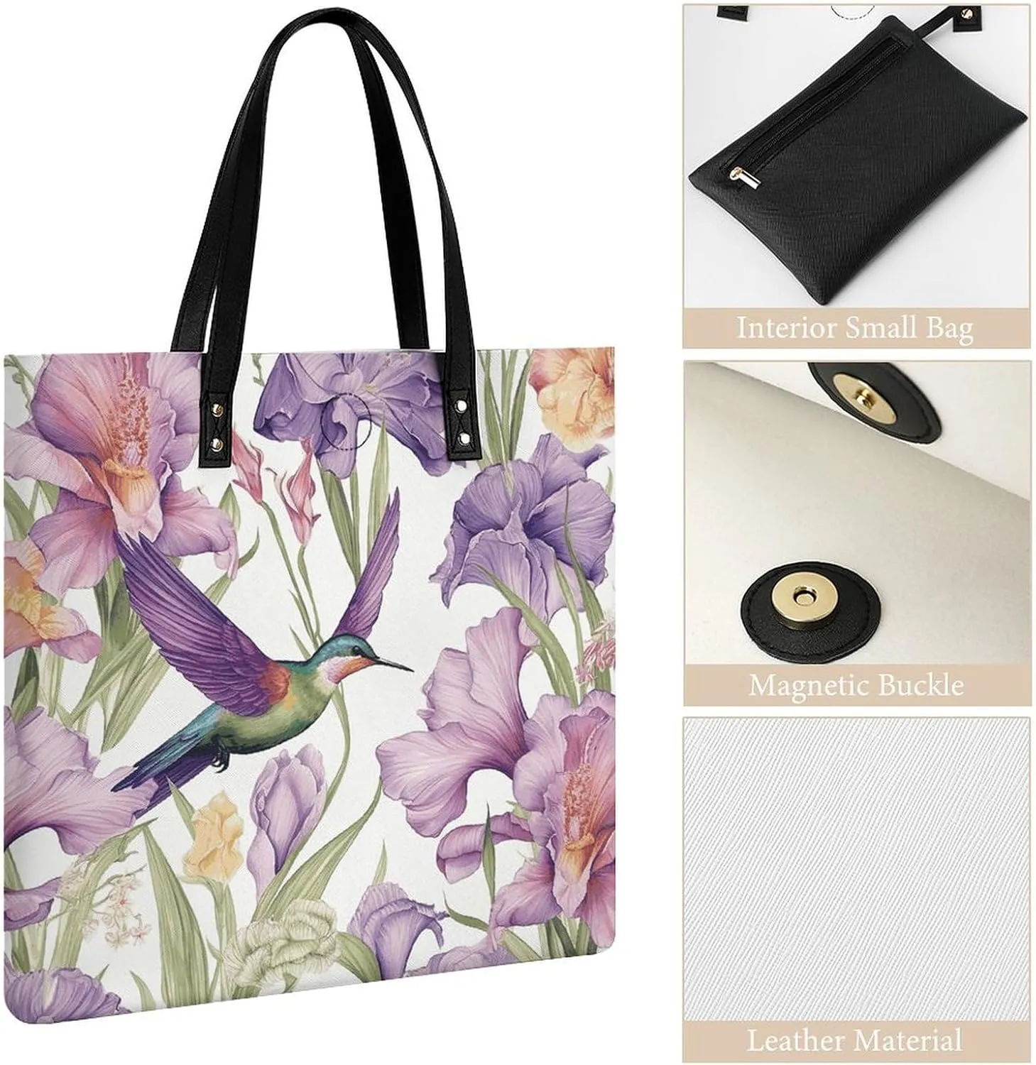 Leather Handbag for Women Tote Bag with Magnetic Buckle Hummingbirds Irises Flowers Crossbody Bag Shoulder Bags