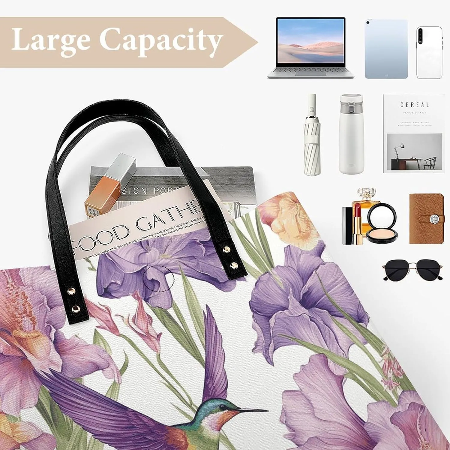 Leather Handbag for Women Tote Bag with Magnetic Buckle Hummingbirds Irises Flowers Crossbody Bag Shoulder Bags