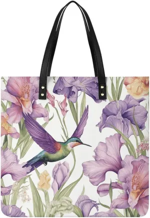 Leather Handbag for Women Tote Bag with Magnetic Buckle Hummingbirds Irises Flowers Crossbody Bag Shoulder Bags