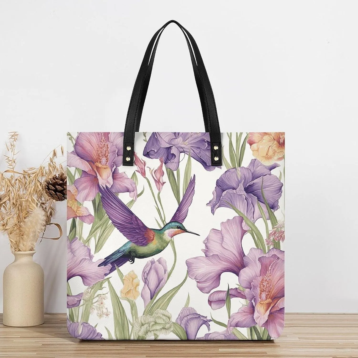 Leather Handbag for Women Tote Bag with Magnetic Buckle Hummingbirds Irises Flowers Crossbody Bag Shoulder Bags