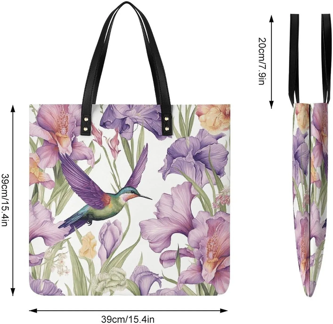 Leather Handbag for Women Tote Bag with Magnetic Buckle Hummingbirds Irises Flowers Crossbody Bag Shoulder Bags