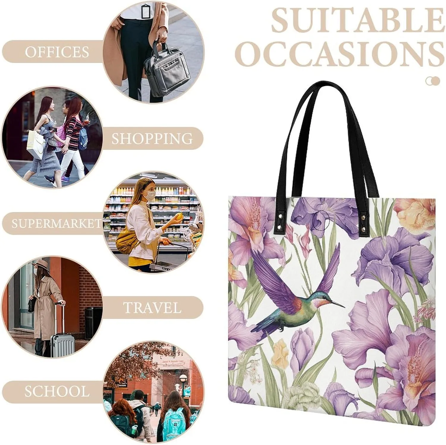 Leather Handbag for Women Tote Bag with Magnetic Buckle Hummingbirds Irises Flowers Crossbody Bag Shoulder Bags