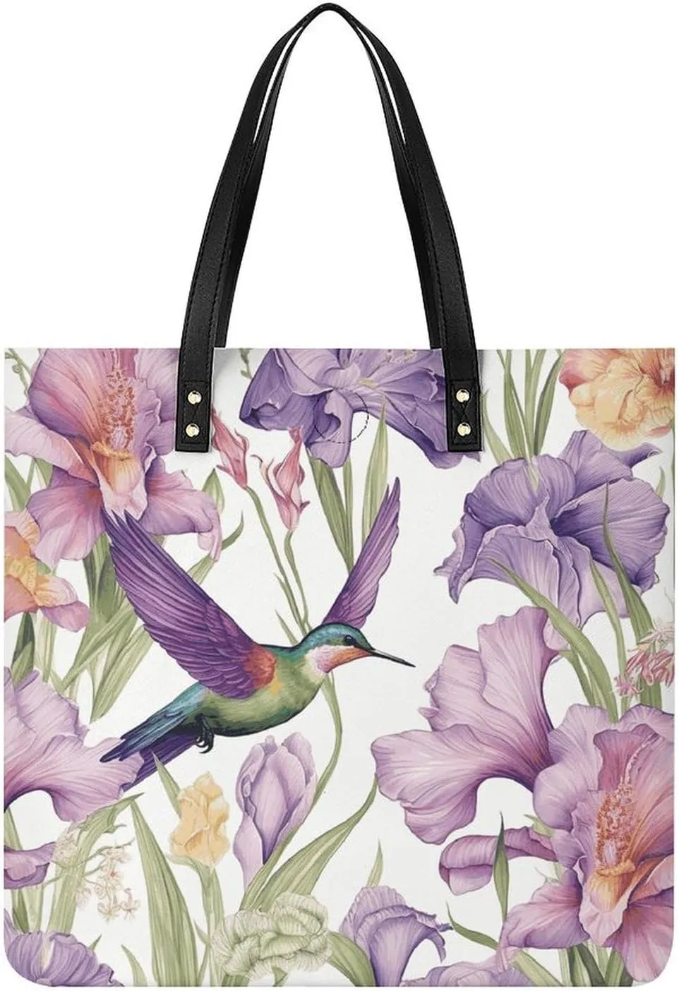 Leather Handbag for Women Tote Bag with Magnetic Buckle Hummingbirds Irises Flowers Crossbody Bag Shoulder Bags