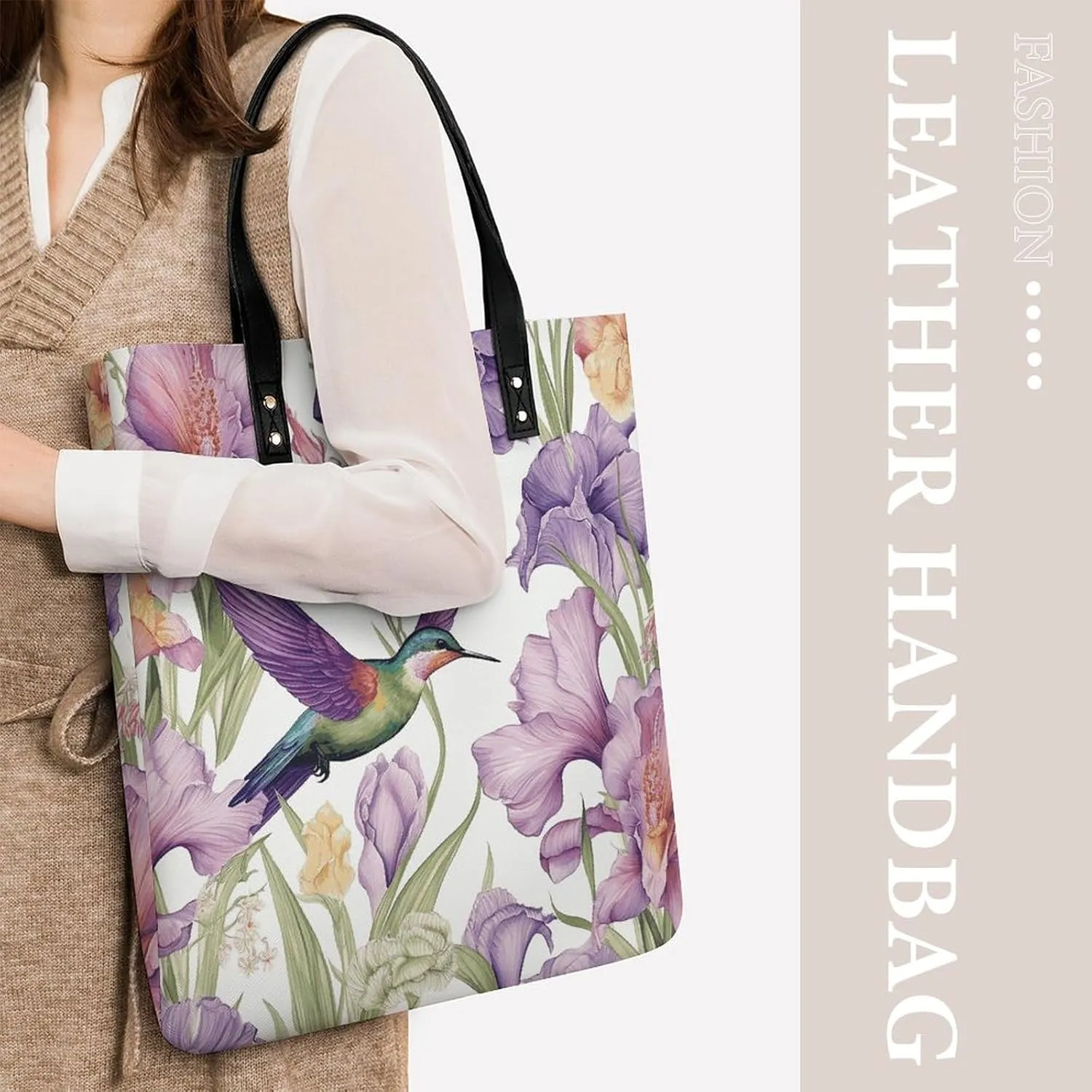 Leather Handbag for Women Tote Bag with Magnetic Buckle Hummingbirds Irises Flowers Crossbody Bag Shoulder Bags