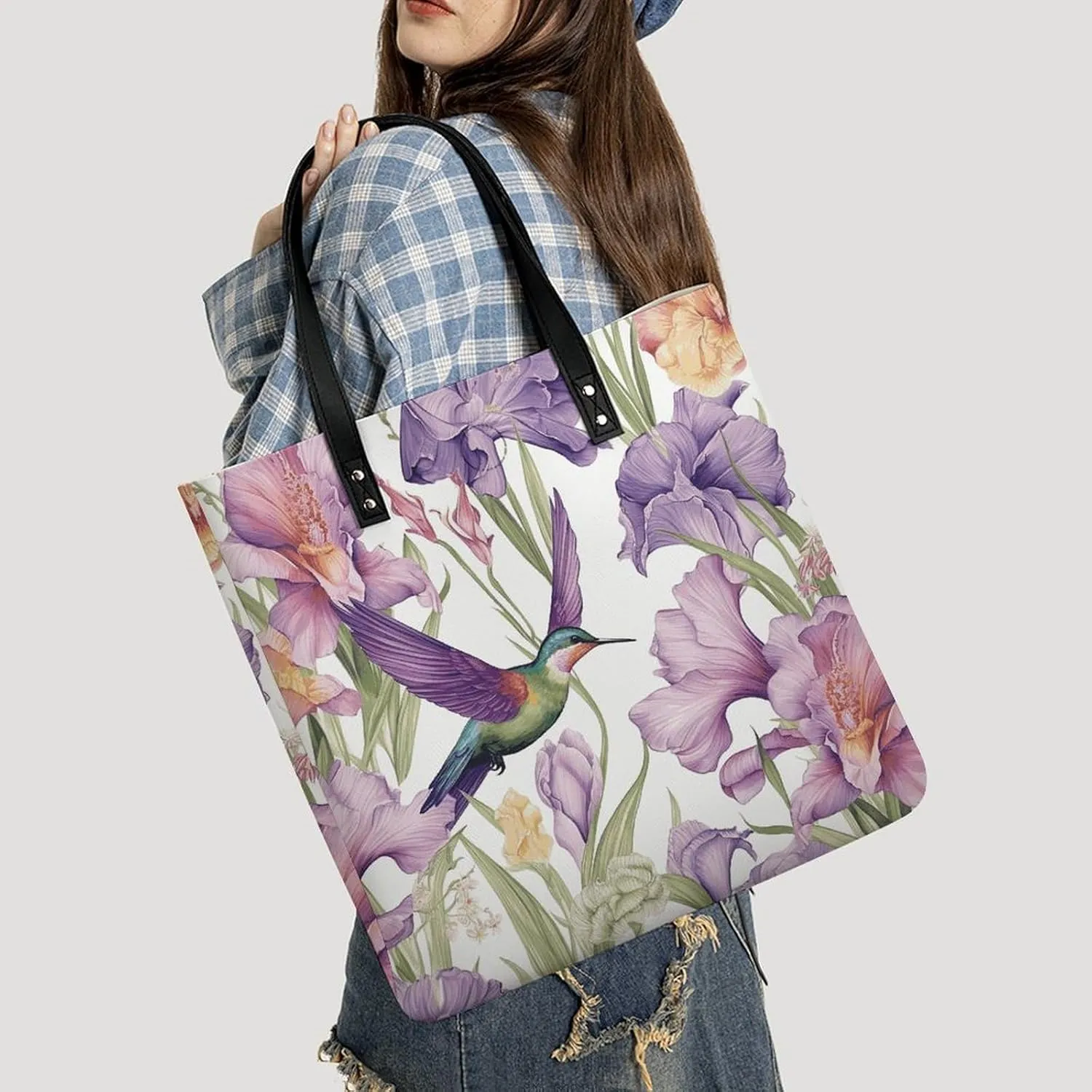 Leather Handbag for Women Tote Bag with Magnetic Buckle Hummingbirds Irises Flowers Crossbody Bag Shoulder Bags