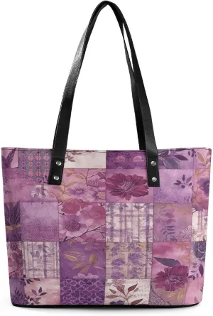 Leather Tote Bag Crossbody Bags for Women Fashion Top Handle Handbag Purple Flowers Collage Ladies Shoulder Bags Casual Beach Bag Gym Bages Ladies Purses for Shopping Work Travel