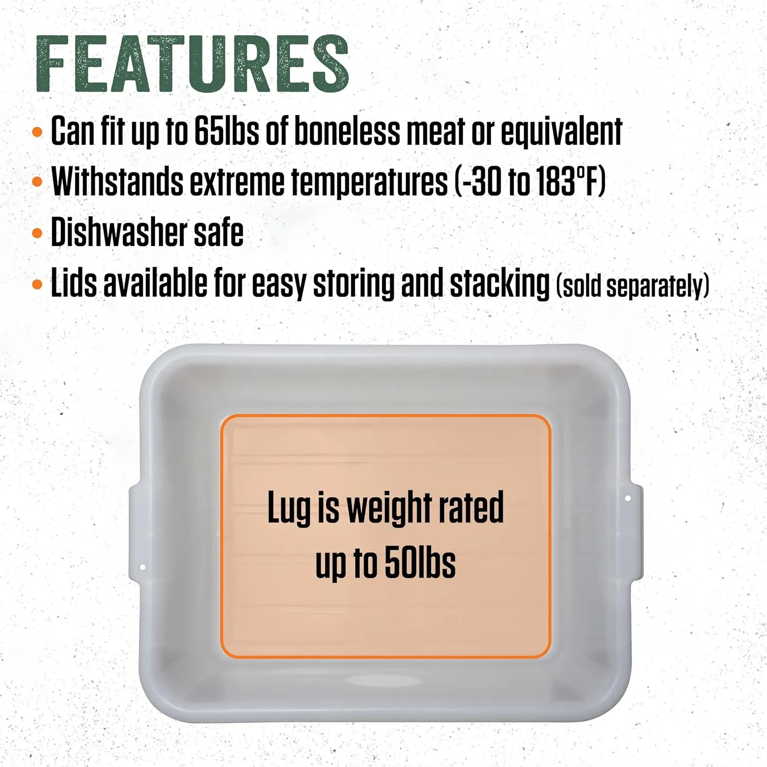 LEM Products Heavy Duty Meat Lug, Large Plastic Storage Containers for Meal Prep, High-Density Polyethylene (HDPE), White, 5-Pack